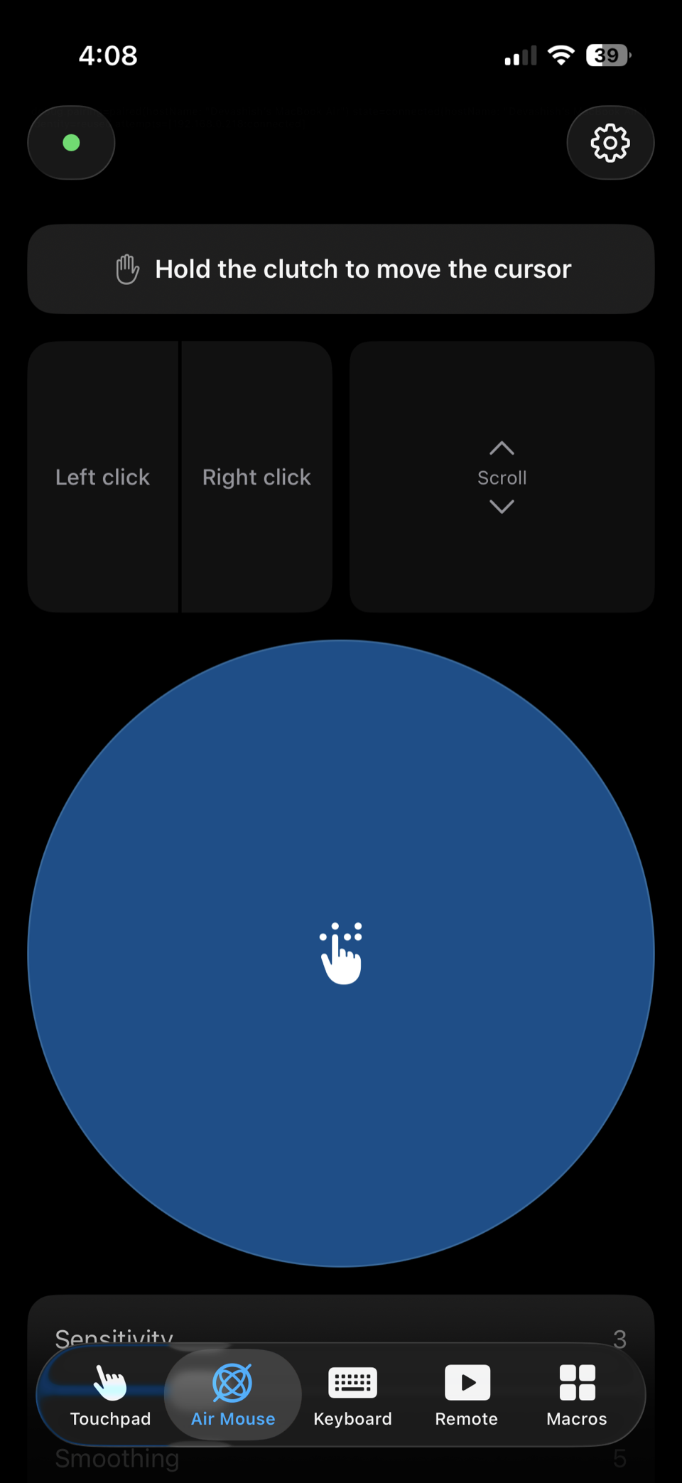 Air Pointer screen in dark mode