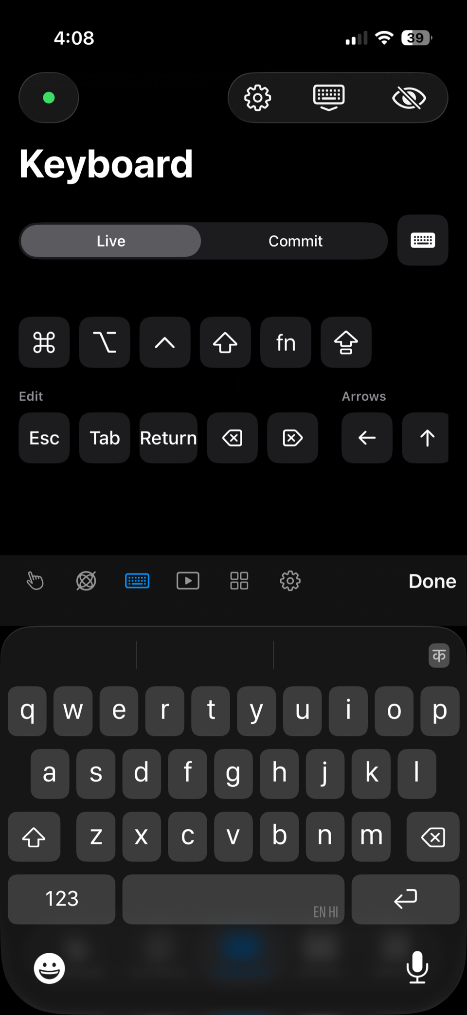 Keyboard screen in dark mode
