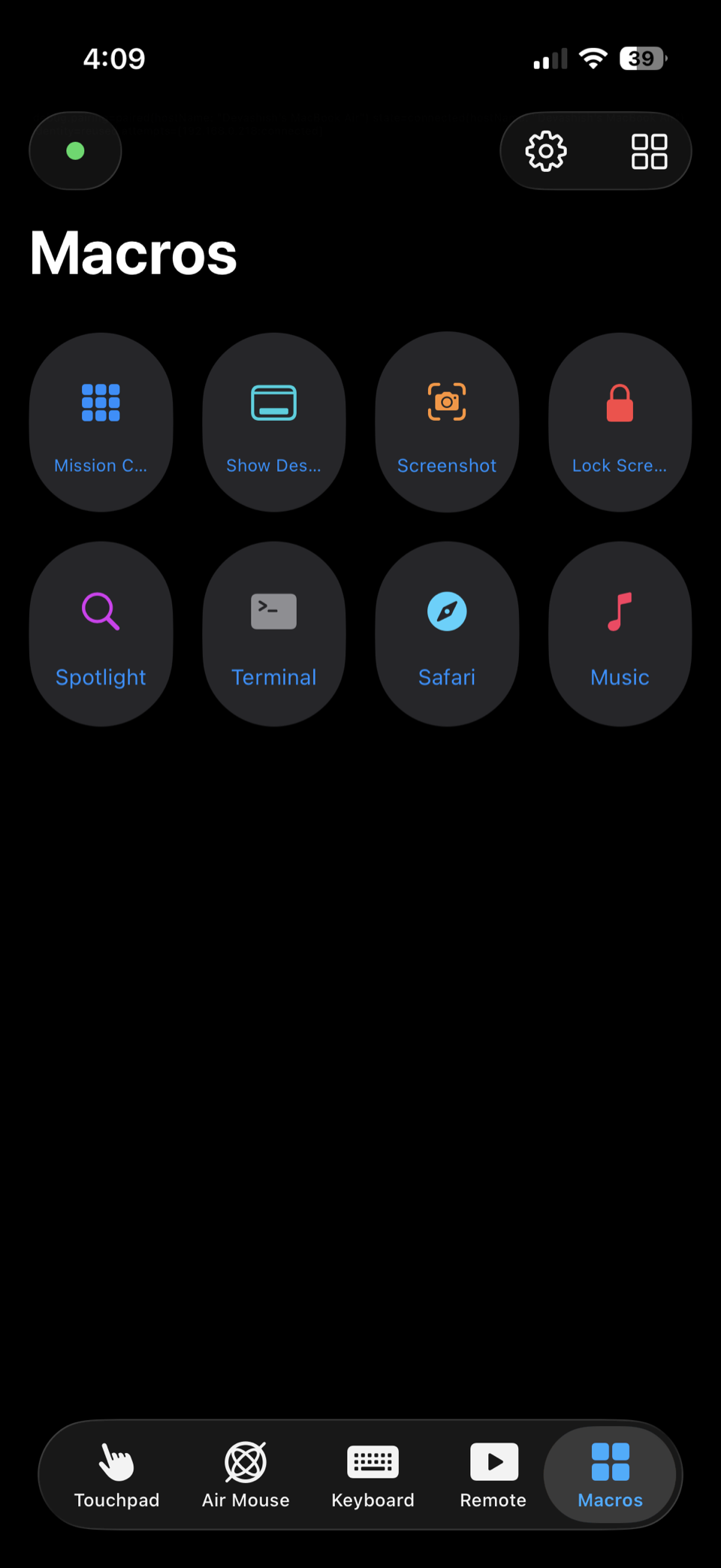 Macros screen in dark mode