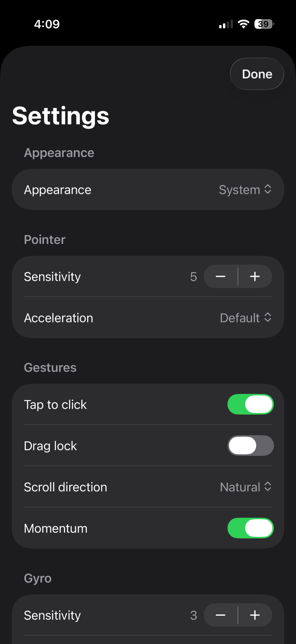 Settings screen in dark mode