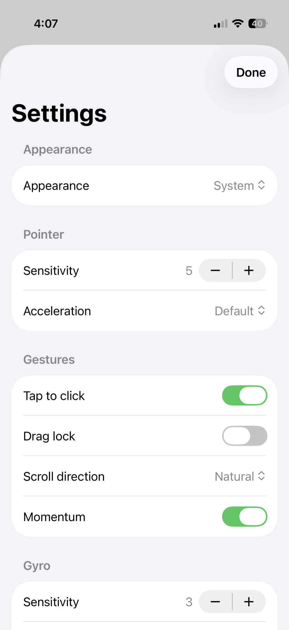 Settings screen in light mode